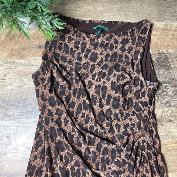 Ralph Lauren Leopard Dress Jersey material Side Ruching sleeveless - Picture 2 of 9